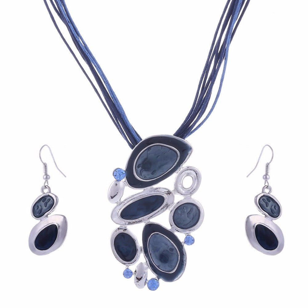 Blue Multi Layers  Oil Drip Necklace Earring Set