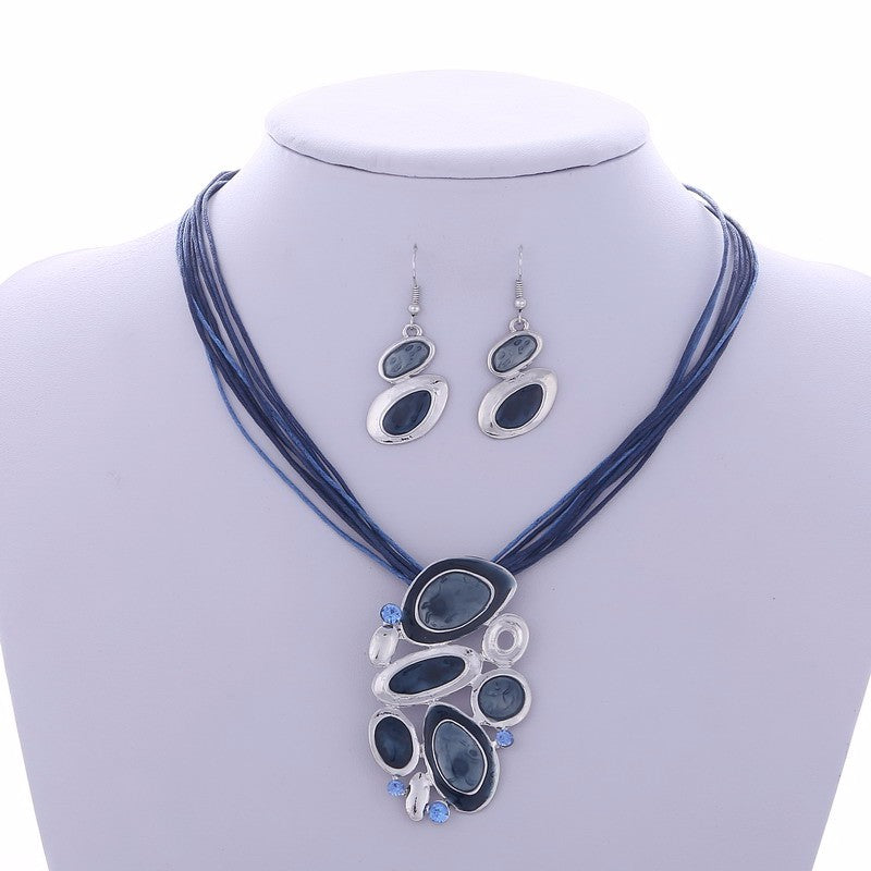Blue Multi Layers  Oil Drip Necklace Earring Set