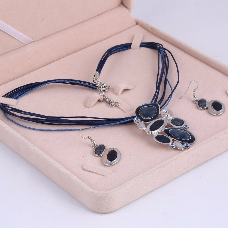 Blue Multi Layers  Oil Drip Necklace Earring Set