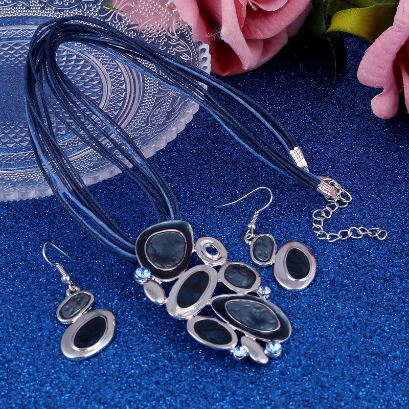 Blue Multi Layers  Oil Drip Necklace Earring Set