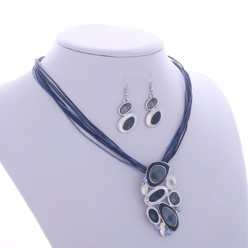 Blue Multi Layers  Oil Drip Necklace Earring Set