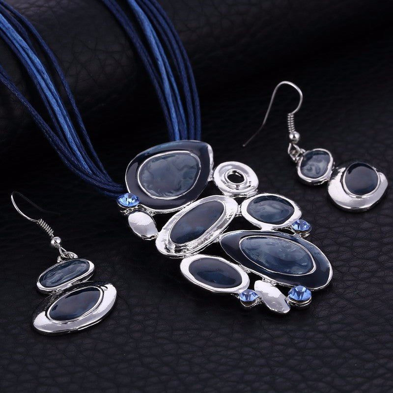 Blue Multi Layers  Oil Drip Necklace Earring Set