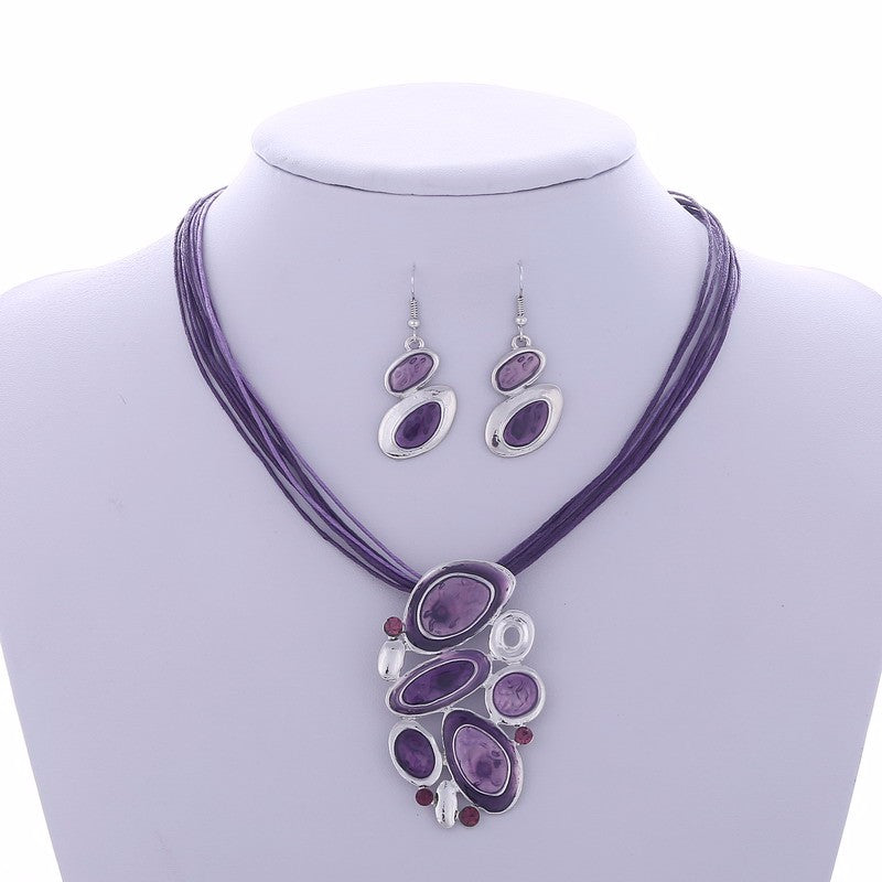 Blue Multi Layers  Oil Drip Necklace Earring Set
