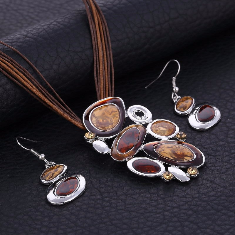 Blue Multi Layers  Oil Drip Necklace Earring Set