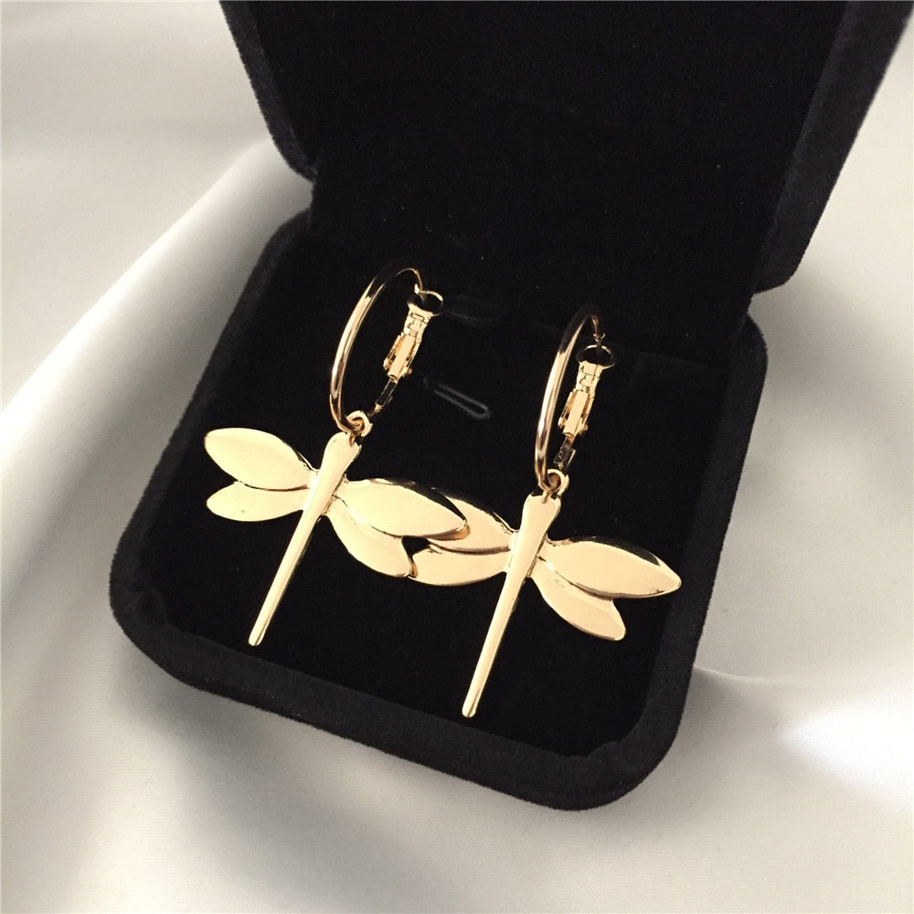 High Quality Gold Color Dragonfly Pendant Dangle Earrings