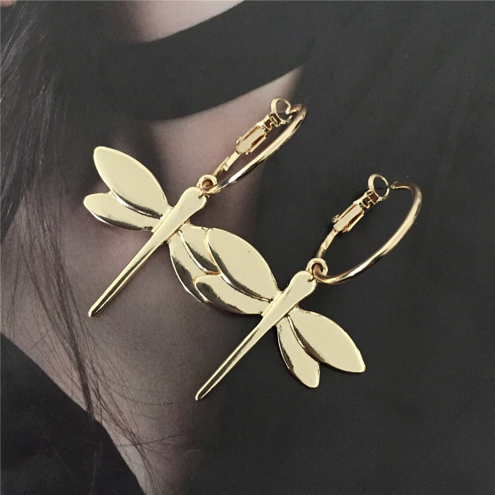 High Quality Gold Color Dragonfly Pendant Dangle Earrings
