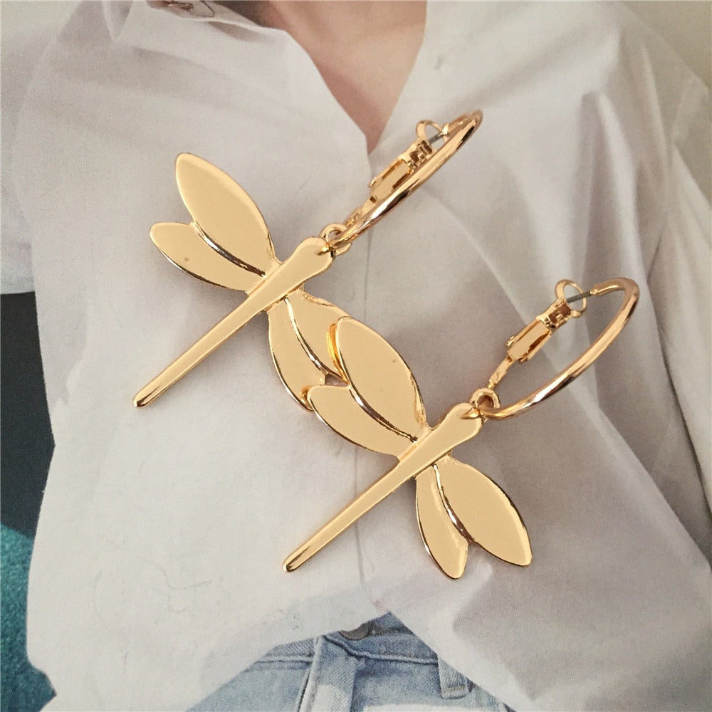 High Quality Gold Color Dragonfly Pendant Dangle Earrings