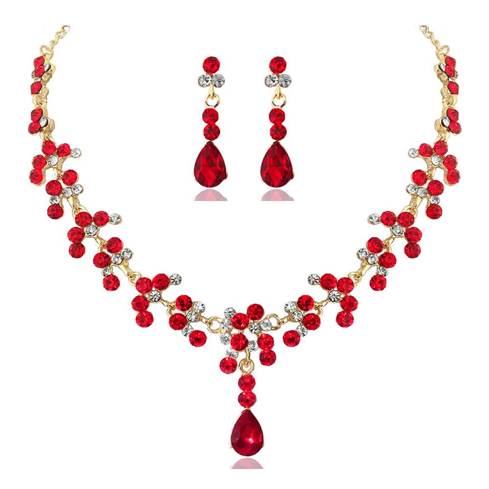 Women Gold Color Rhinestone Necklace Long Earrings Set