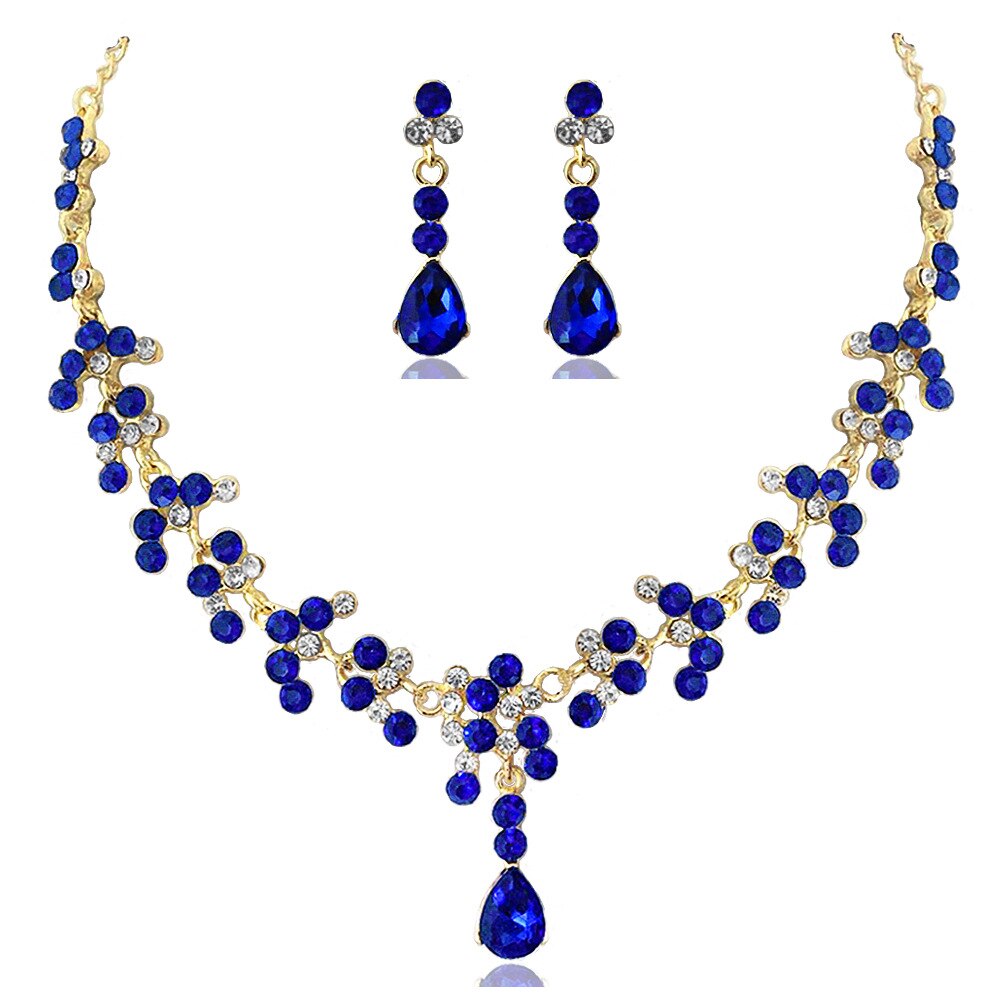 Women Gold Color Rhinestone Necklace Long Earrings Set