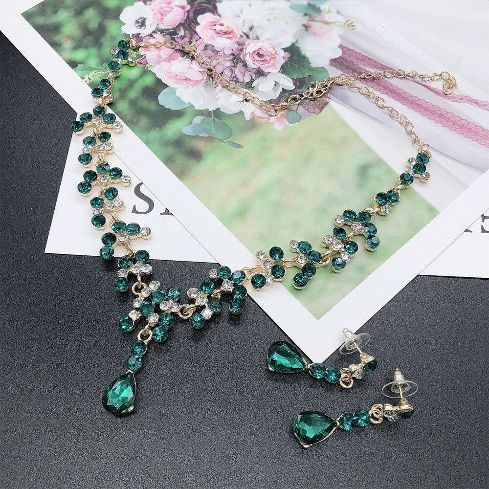 Women Gold Color Rhinestone Necklace Long Earrings Set