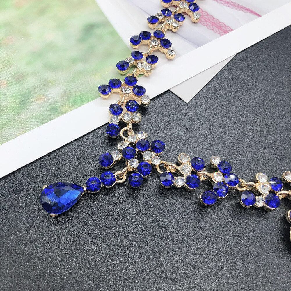Women Gold Color Rhinestone Necklace Long Earrings Set