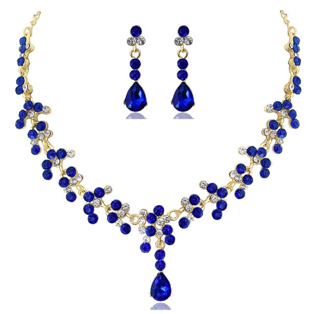 Women Gold Color Rhinestone Necklace Long Earrings Set