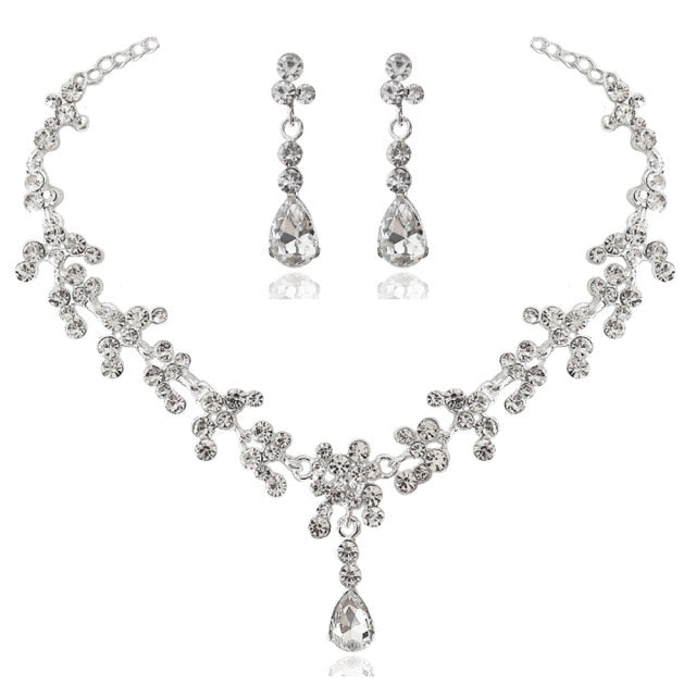 Women Gold Color Rhinestone Necklace Long Earrings Set