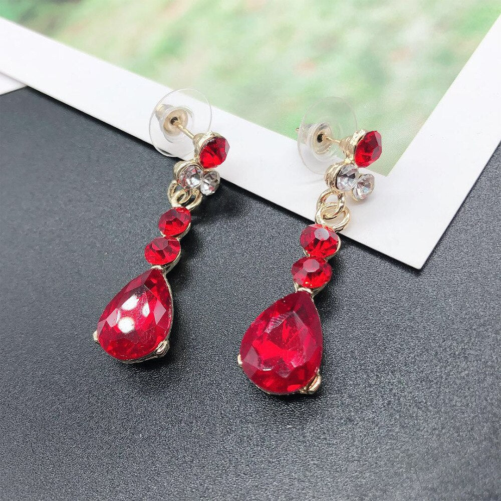 Women Gold Color Rhinestone Necklace Long Earrings Set