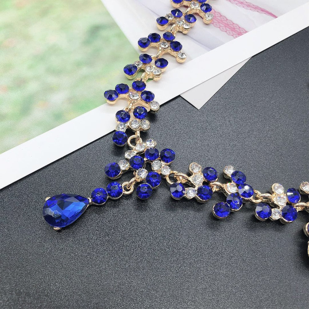 Women Gold Color Rhinestone Necklace Long Earrings Set
