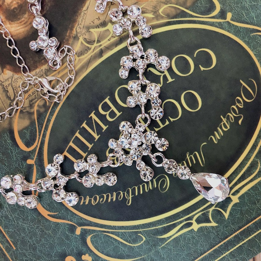 Women Gold Color Rhinestone Necklace Long Earrings Set