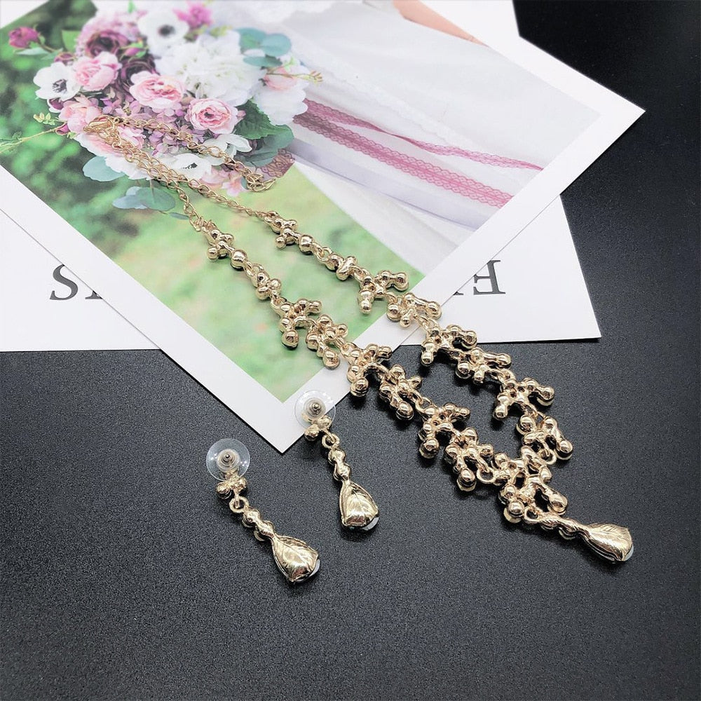Women Gold Color Rhinestone Necklace Long Earrings Set