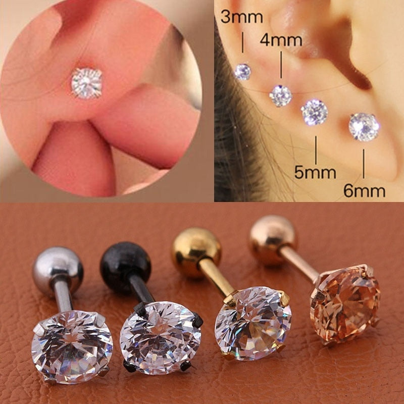 4 Colors Punk Titanium Steel Needle Zircon Crystal Stud Earrings