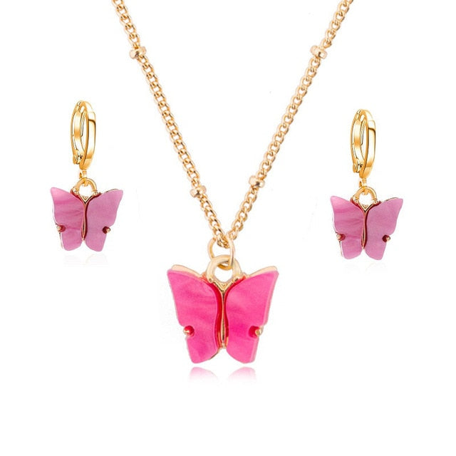 Acrylic Butterfly Earrings Pendant Necklaces Combination Set