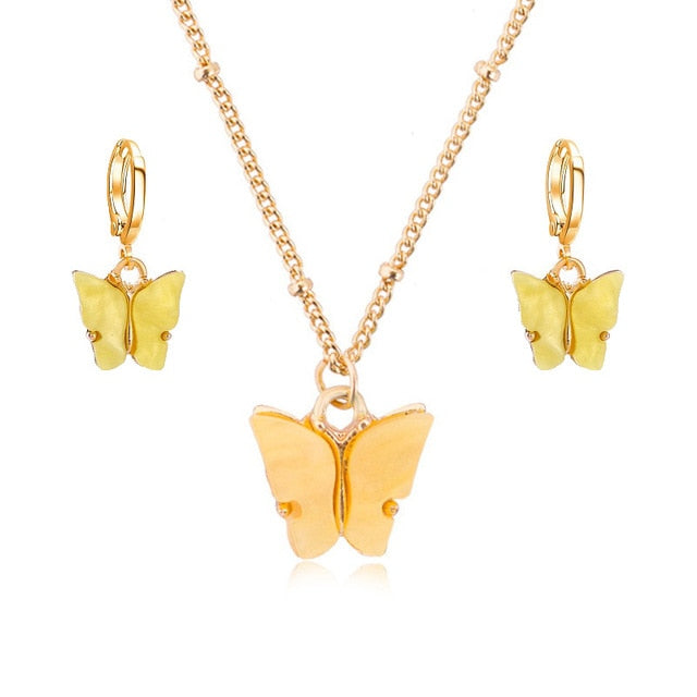 Acrylic Butterfly Earrings Pendant Necklaces Combination Set