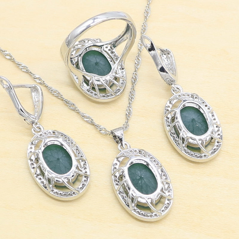 New Green Semi-precious Silver Color Jewelry Sets