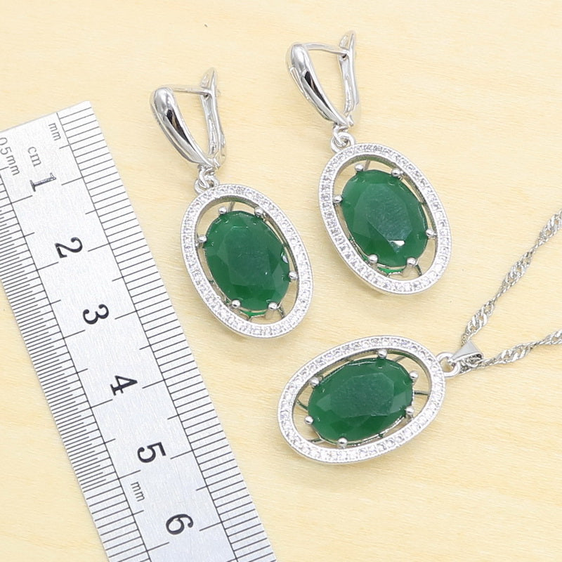 New Green Semi-precious Silver Color Jewelry Sets