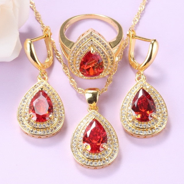 Water Drop Costume Blue Cubic Zirconia Gold Plated Jewelry Sets