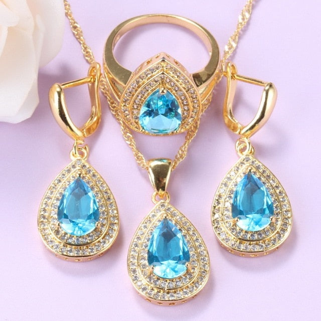 Water Drop Costume Blue Cubic Zirconia Gold Plated Jewelry Sets