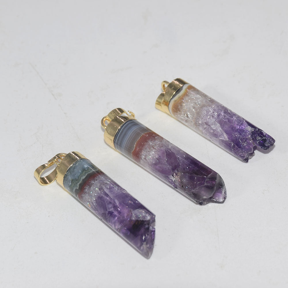purple quartz Cylinder crystal amulet long pendants 1pcs