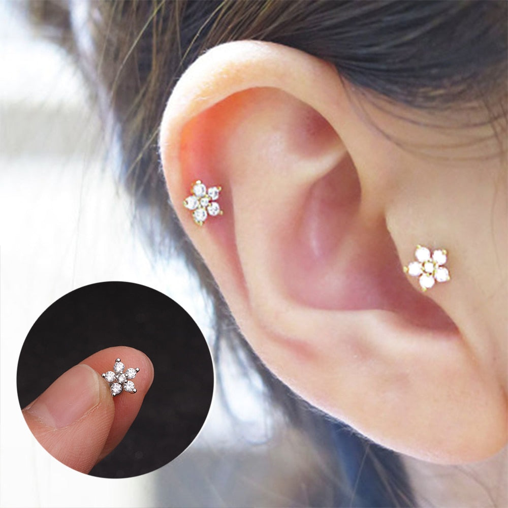 Zircon Mini Earrings Flower Shell Moon Star Stainless Steel Stud Earrings Set