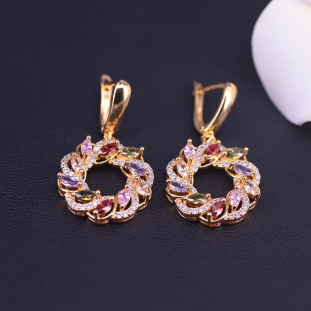 Lucky Round Circle  Colorful Top Zircon Gold Color Jewelry Set
