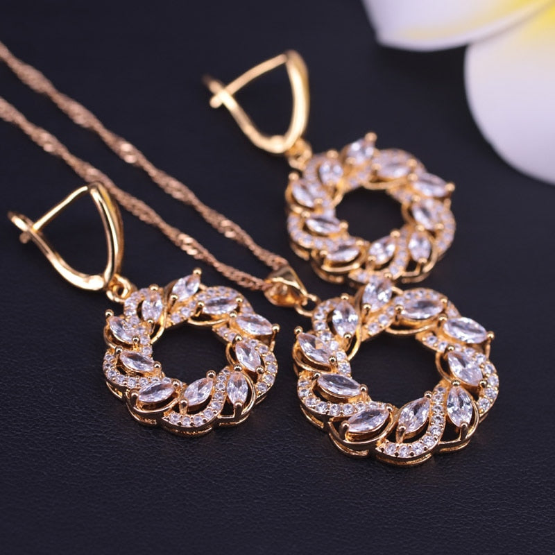 Lucky Round Circle  Colorful Top Zircon Gold Color Jewelry Set