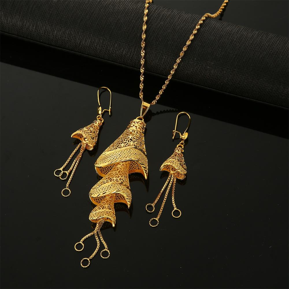 African Gold Color Pendant Necklaces Earrings Jewelry Set