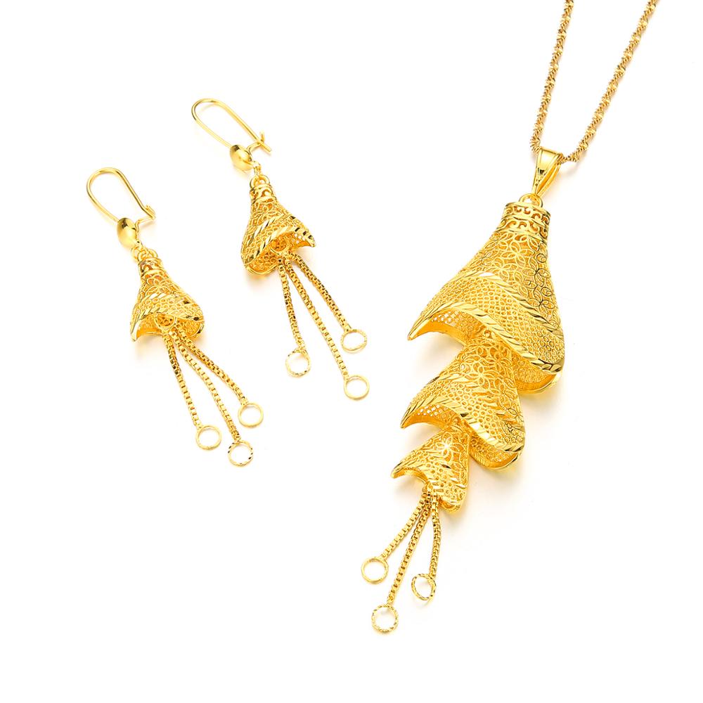 African Gold Color Pendant Necklaces Earrings Jewelry Set