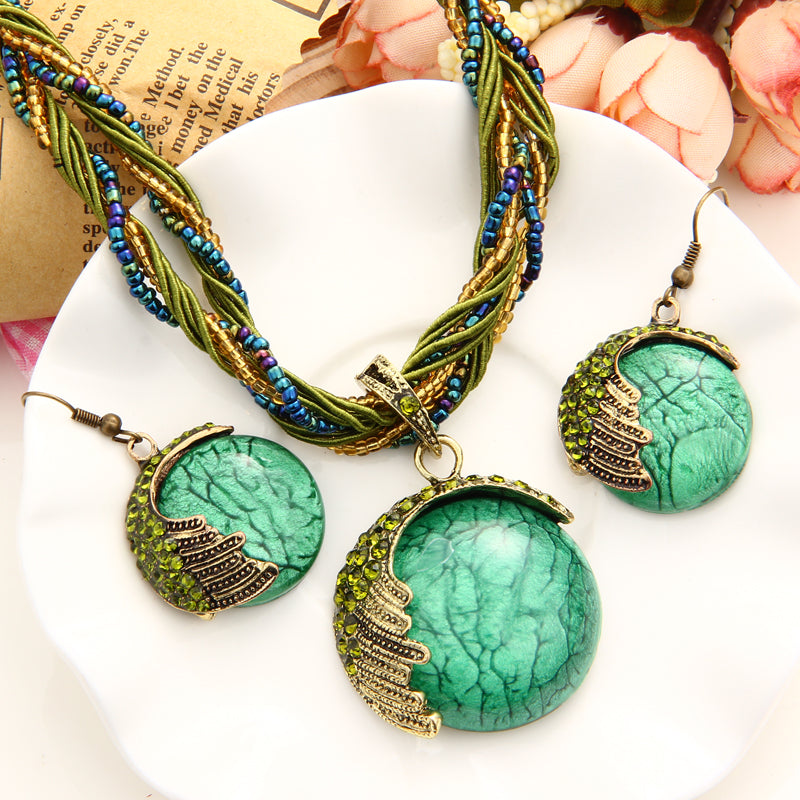 Blue Crystal Drop Earrings Round Multi-layer Chain Braided Wedding Jewelry Set