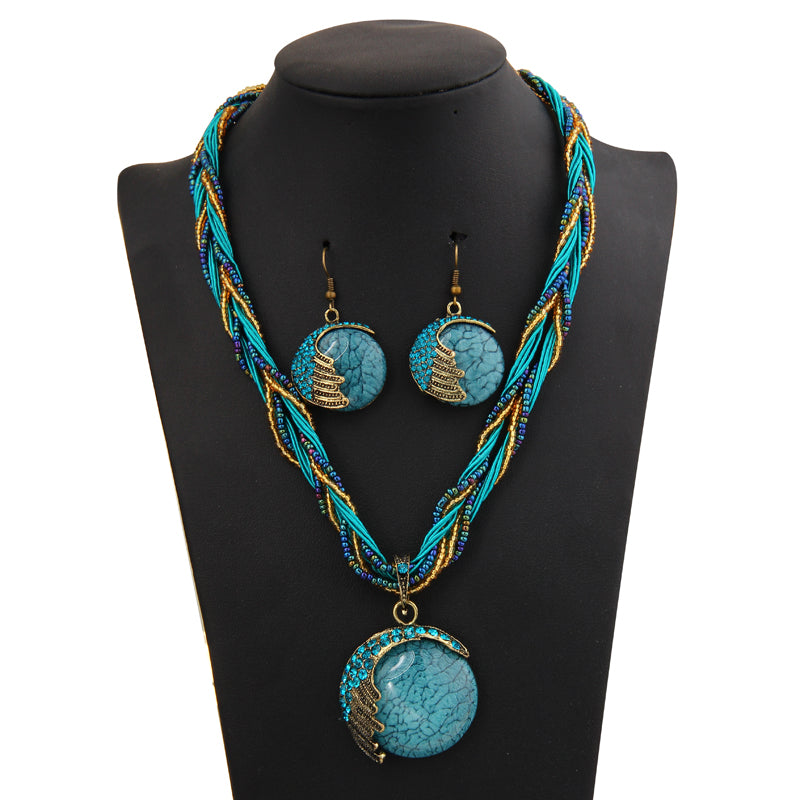 Blue Crystal Drop Earrings Round Multi-layer Chain Braided Wedding Jewelry Set