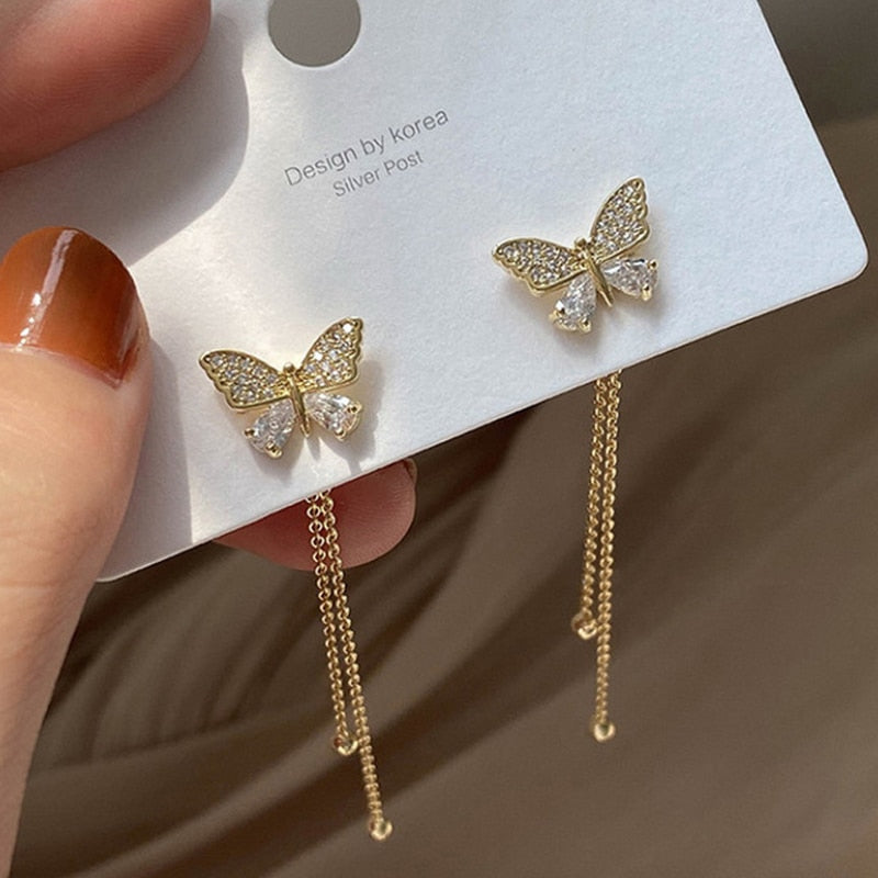 Long Tassel Earrings Korean Sweet Butterfly Rhinestone Earring