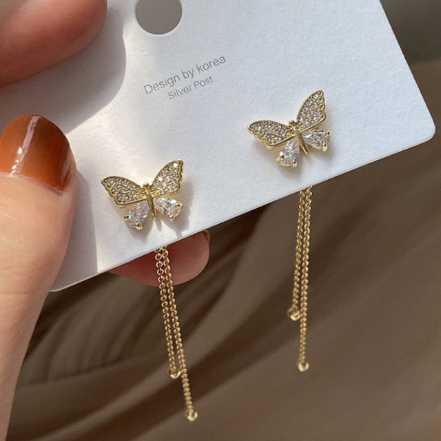 Long Tassel Earrings Korean Sweet Butterfly Rhinestone Earring