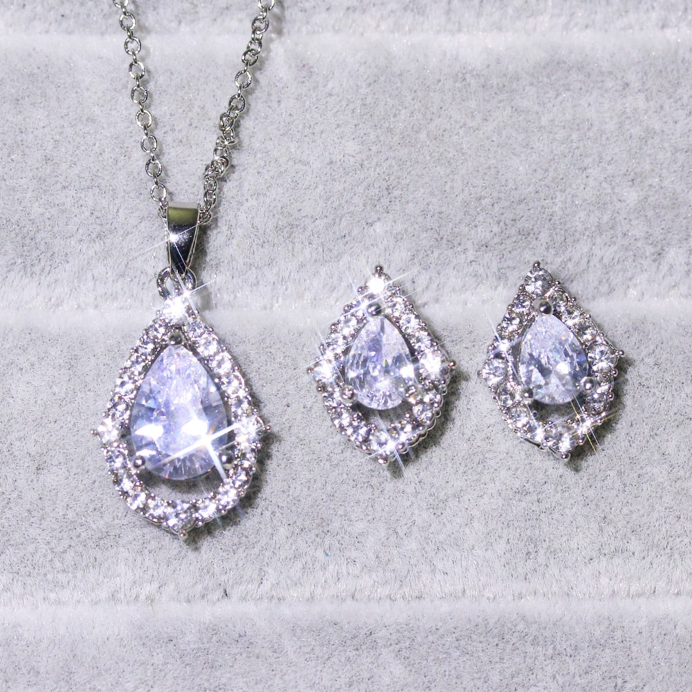 Women Necklace Earrings Silver Plated Drop Cubic Zirconia Jewelry Set