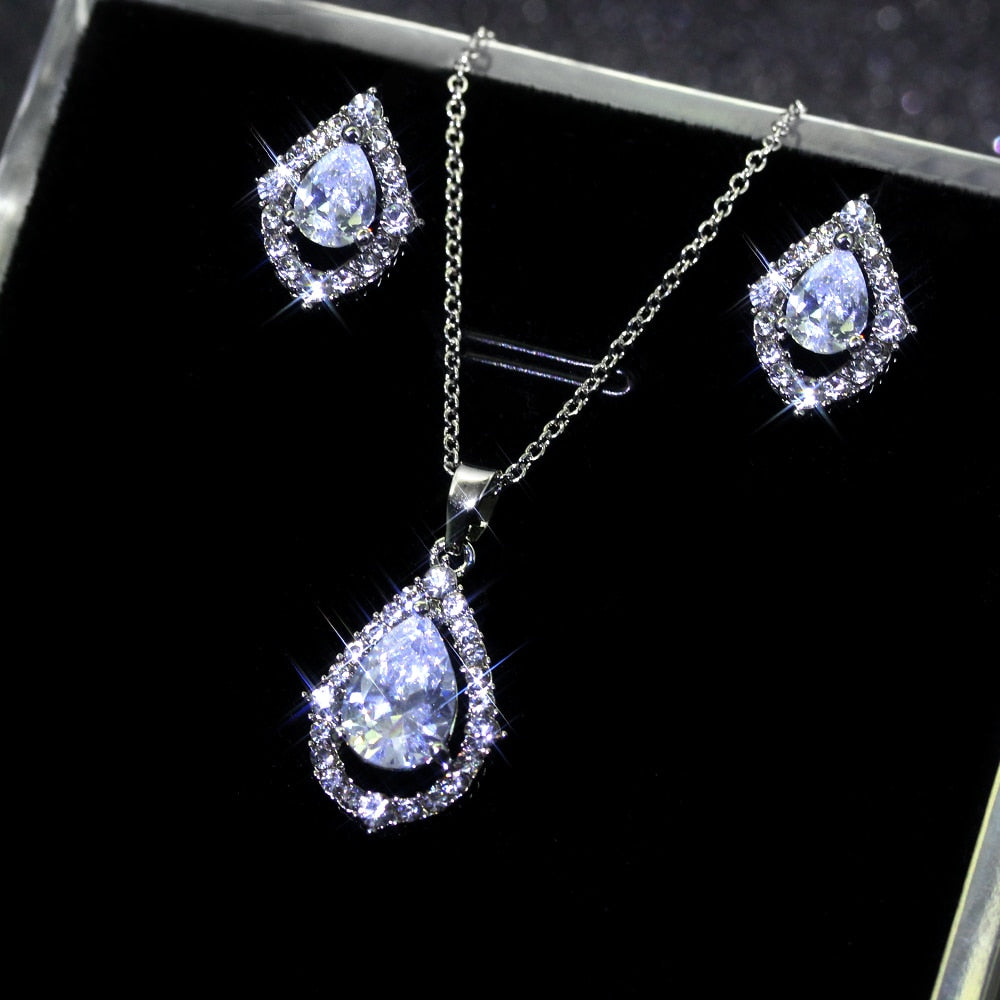 Women Necklace Earrings Silver Plated Drop Cubic Zirconia Jewelry Set