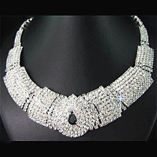 Black Diamante Crystal Elegant Necklace Earrings Jewelry Set