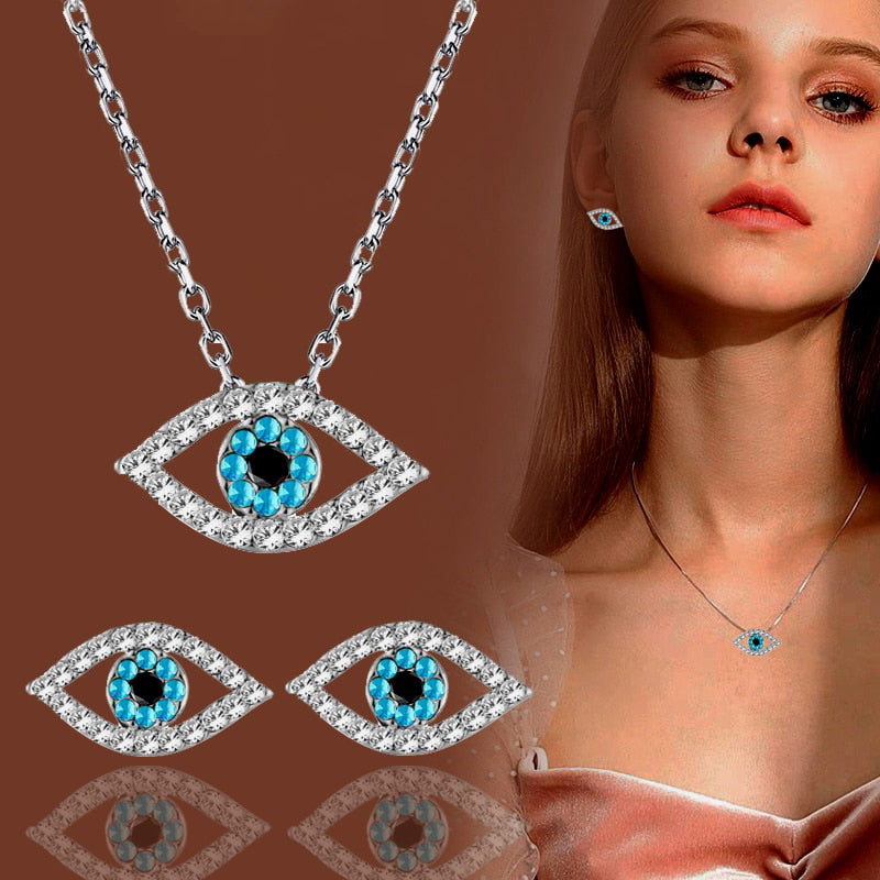 Blue Rhinestone Eye Necklace Earring Jewelry Set