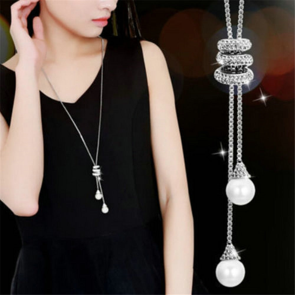 Rhinestone Crystal Pearl Long Chain Necklace