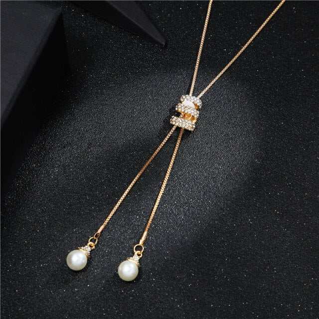 Rhinestone Crystal Pearl Long Chain Necklace