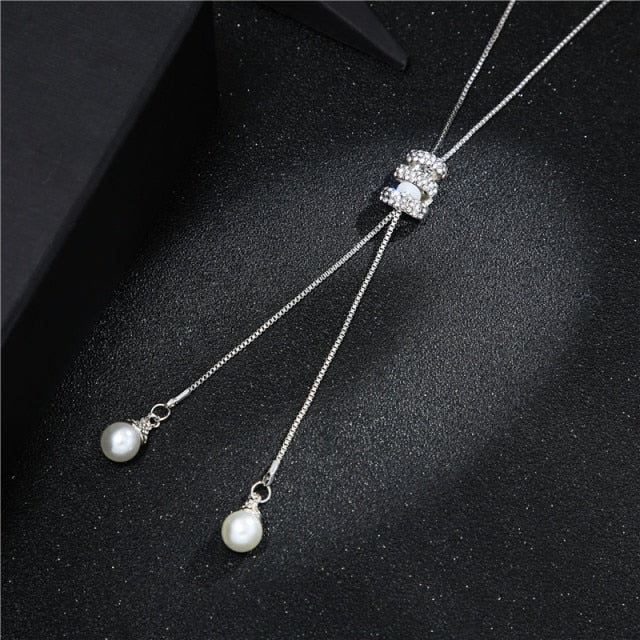 Rhinestone Crystal Pearl Long Chain Necklace
