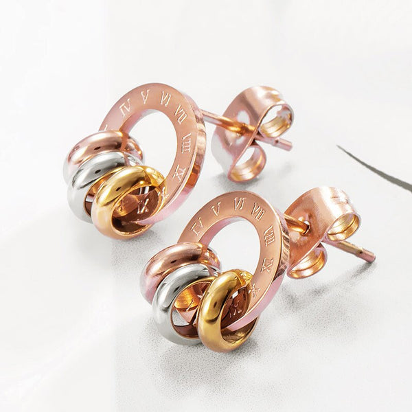 Luxury brand Rose Gold Color Roman Numerals Stud Earrings