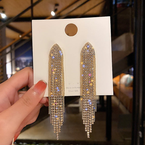 Pendientes de borlas largas exageradas con diamantes de imitación para mujer