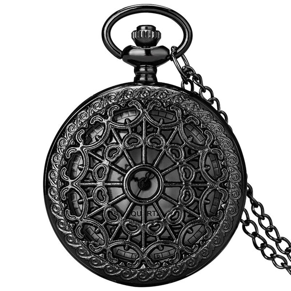 Reloj de bolsillo antiguo de cuarzo negro/bronce con diseño de telaraña hueca