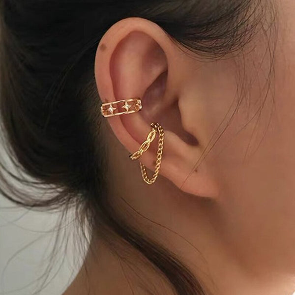 Pendientes de clip con borla y cadena de eslabones circulares dorados individuales, piercing falso con clip para la oreja