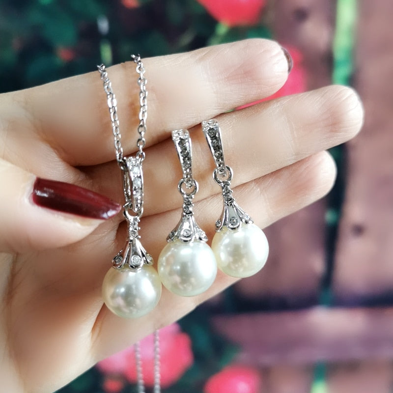 Vintage Imitation Pearl Pendant Necklace And Drop Earring Set